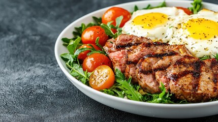 Grilled steak, eggs, and cherry tomatoes salad. Healthy breakfast bowl