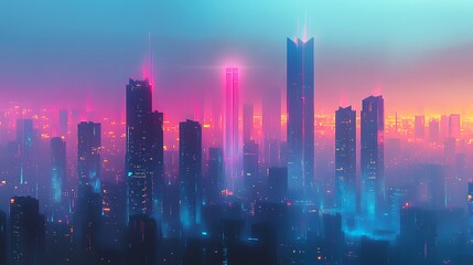 Fototapeta premium A Cityscape with Tall Buildings Under a Pink and Blue Gradient Sky