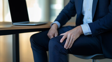 Businessman experiencing knee pain while working on laptop