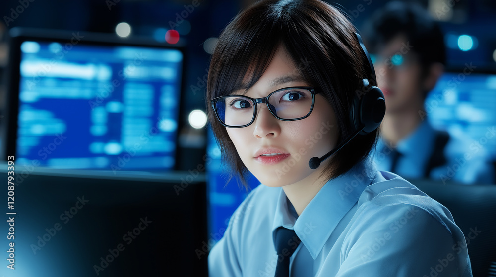 Aufkleber Security operator working at system control center with multiple screens showing infographics