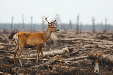 Fototapeta premium Alone deer standing in a barren land forest woods.