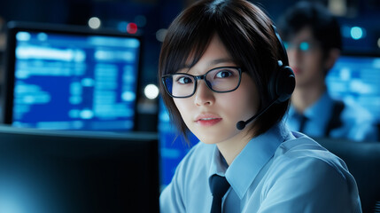 Security operator working at system control center with multiple screens showing infographics