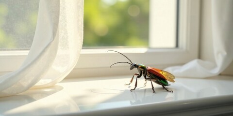 A vibrant insect with iridescent wings rests on a sunlit windowsill, near a sheer curtain, illuminated by the gentle morning light.