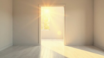 Sunlit Empty Room with Open Doorway and Hardwood Floor, Offering a Sense of New Beginnings and Potential