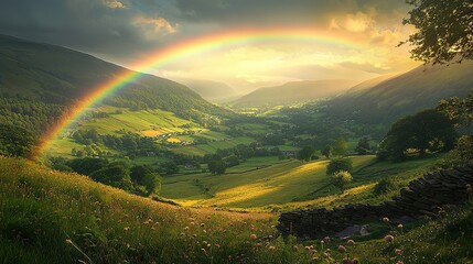 Fototapeta premium Rainbow Over Valley Sunset