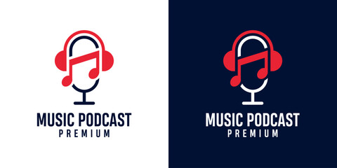 Podcast microphone and music note icon logo illustration design for sound recording studio, vocal course, composer. Singer musician artist celebrities karaoke music logo design illustration.