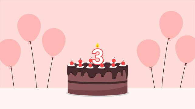 Birthday cake with number 3 candle and bright cherry topping, accompanied by pink balloons. Ideal for third birthday celebrations or events.