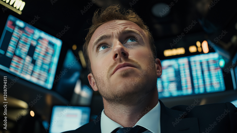 Poster Stock trader looking up at multiple screens showing data in control room