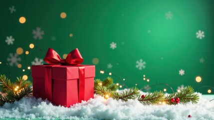 A Festive Red Gift Box Adorned with a Satin Bow Rests on a Snowy Surface, Decorated with Evergreen Branches and Twinkling Lights Against a Rich Emerald Green Background.
