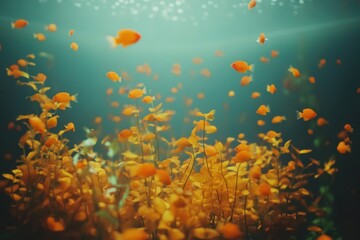 Fototapeta premium Underwater Scene of Schooling Orange Fish Swimming Amidst Vibrant Aquatic Plants in a Serene and Lush Environment, Capturing the Beauty of Marine Life