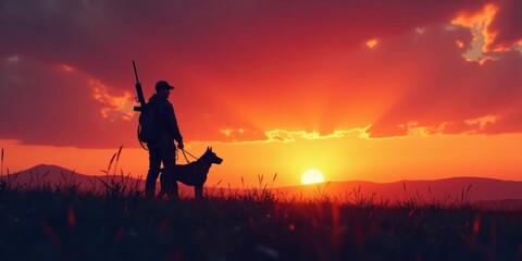 Silhouette of a hunter with his loyal canine companion, standing amidst tall grass as the sun sets, painting the sky in vibrant hues of orange and red, a breathtaking display of nature's beauty.