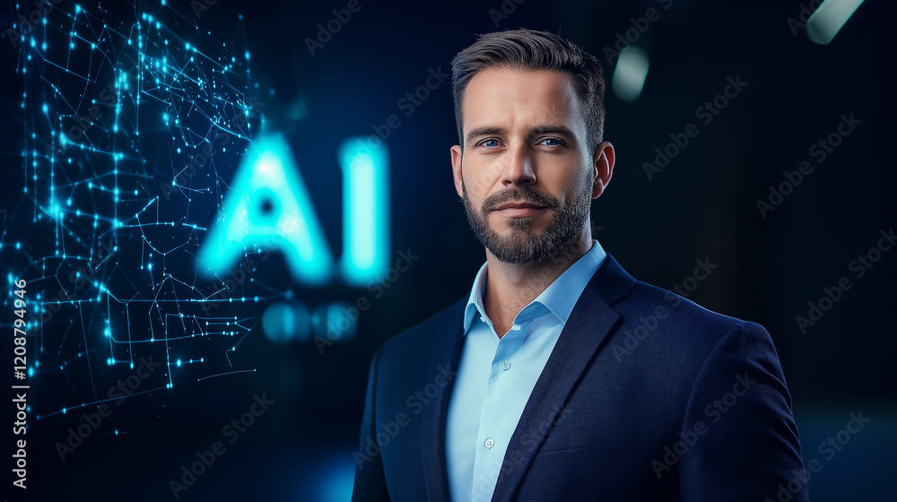 Poster businessman leading artificial intelligence development representing future technology