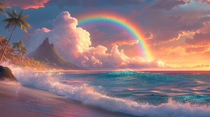 Tropical Sunset, Ocean Waves, Rainbow