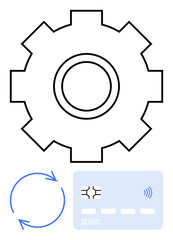 Gear outline with circular arrows and credit card icon. Ideal for automation, digital payments, fintech, process optimization, technology, workflow efficiency, and innovation concepts. Minimal