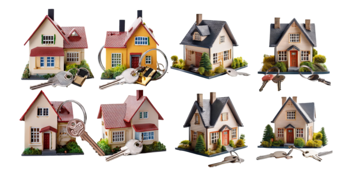 Miniature Houses with Keys on Transparent Background
