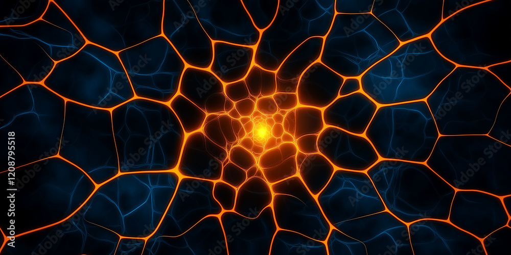 Poster orange network spreading over dark blue surface creating bright center