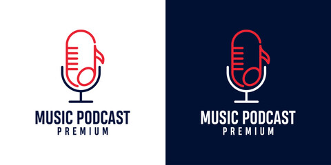 Podcast microphone and music note icon logo illustration design for sound recording studio, vocal course, composer. Singer musician artist celebrities karaoke music logo design illustration.