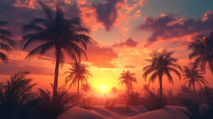 Vibrant Sunset Over Palm Trees In A Desert Oasis