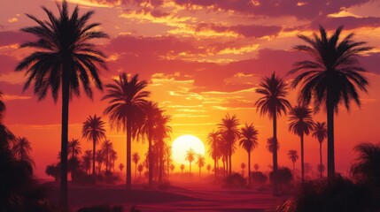 Obraz premium Sunset Oasis Palm Trees Silhouette Landscape