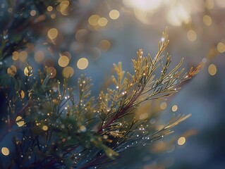 evergreen tree branches with soft-focus golden bokeh lights in the background