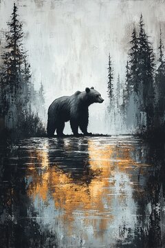 Majestic bear standing by serene lake forest landscape nature art tranquil evening side view wildlife beauty