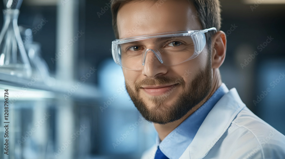 Poster portrait of a smiling scientist wearing protective glasses in laboratory
