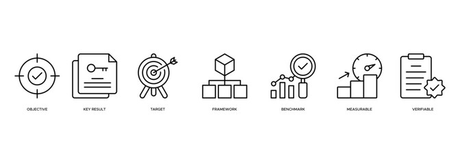 OKR banner web icon illustration concept for objectives and key results with icon of objective, key results, target, framework, benchmark, measurable, and verifiable