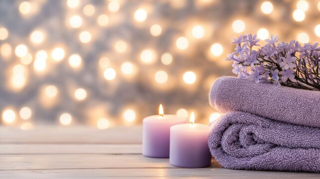 Purple Wellness and Relaxation A spa setting with purple candles, towels, and essential oils, creating a calming and serene atmosphere.