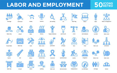 Labor and Employment icon set with shortage, technician, trolley, vacancy, job seeking, cut, labor flag, labour, labor, labour management icon. Simple retro vector 
