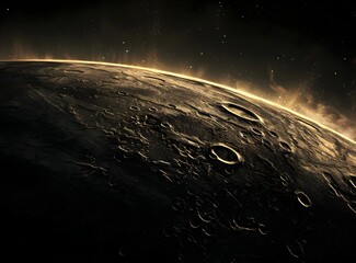 
A dark planet with the sun rising on the horizon, a dark space background