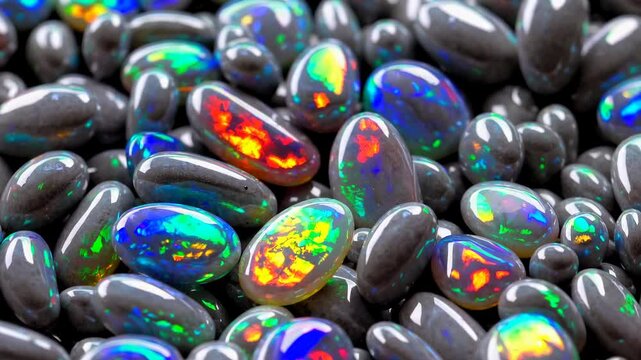 Colorful opal gemstones with vibrant play of color, macro shot. Natural beauty and mineral concept