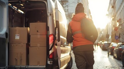 A detailed scene of a delivery professional in action, unloading packages from a spacious van in a clean urban environment with bright natural lighting, focusing on the worker's efficiency and the veh