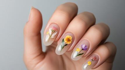 Natural earthy nails with pressed flower accents create serene and eco inspired look. Perfect for nature lovers and those seeking unique style
