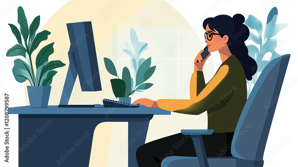 Aufkleber Freelancer working from home talking on phone and typing on computer