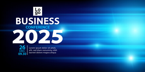 Futuristic business conference banner template for a event. The abstract design features glowing blue light streaks, symbolizing speed, data, and technology. For a tech summit or innovation forum.