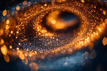 Cosmic swirl of golden particles abstract universe digital art sparkling environment close-up energy concept