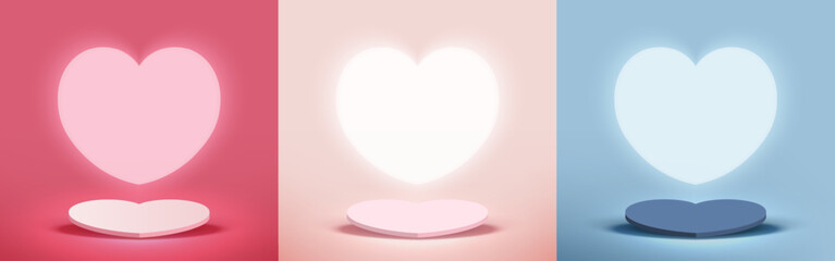 Set of heart podium decoration with heart glowing lighting. Pedestal scene with for product display on Pink, Blue background. Valentine's day background. Minimal style. Vector illustration.