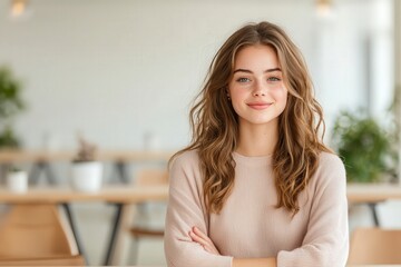 Obraz premium A young woman with wavy hair smiles confidently in a bright, modern interior with plants and wooden furniture.