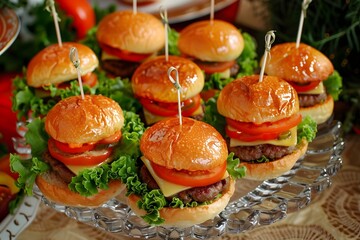 
A display of mini burgers on a glass plate, arranged in an elegant and visually appealing way.