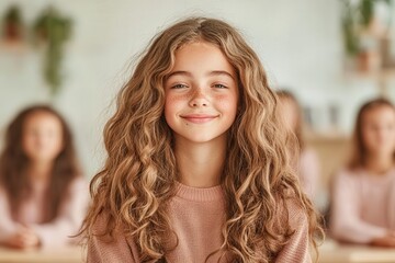 Fototapeta premium Smiling girl with curly hair in a classroom setting, exuding confidence and warmth, with classmates softly blurred in the background.