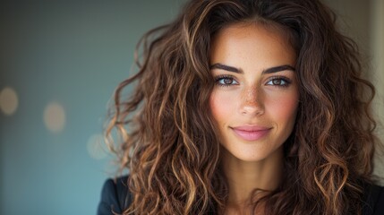 Naklejka premium Confident woman, curly hair, portrait, blurred background, beauty