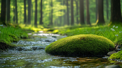 Moss-covered rocks in a forest stream, symbolizing hidden beauty with a minimalistic bright tone, modern blurred background, and empty space, capturing nature's serenity and quiet chaos
