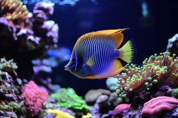 Vibrant Angelfish Swimming Gracefully Among Colorful Coral Reefs in a Lively Underwater Scene Filled with Diverse Marine Life and Beautiful Flora