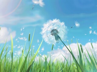 
A dandelion seed blowing in the wind against a blue sky.