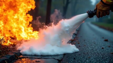 Obraz premium Extinguishing a Blaze A Firefighter's Skillful Application of Foam Extinguishing Agent to Control a Fiery Inferno