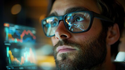 Futuristic Technology Concept: Person in Augmented Reality Glasses Viewing Virtual Graphs and Charts in Real-World Workspace
