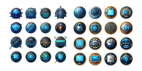 Futuristic Blue Icons Set on Transparent Background