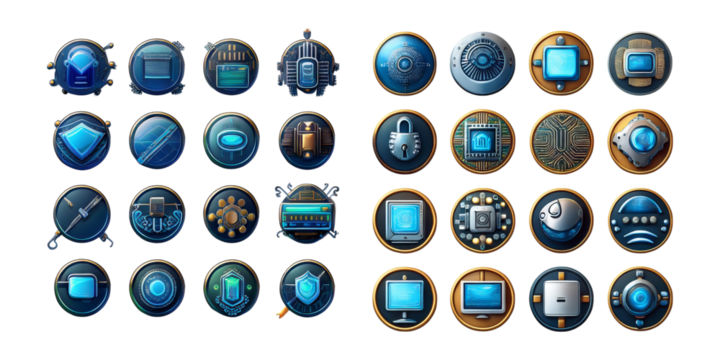 Futuristic Blue Icons Set on Transparent Background