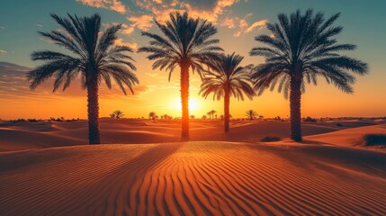 Desert Sunset Palm Trees Scenic Landscape