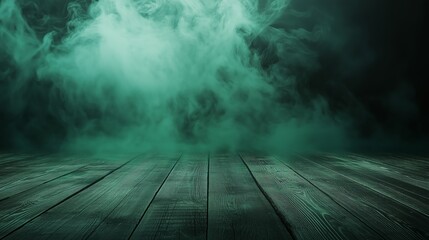 A green fog on a dark background going across wooden floor.